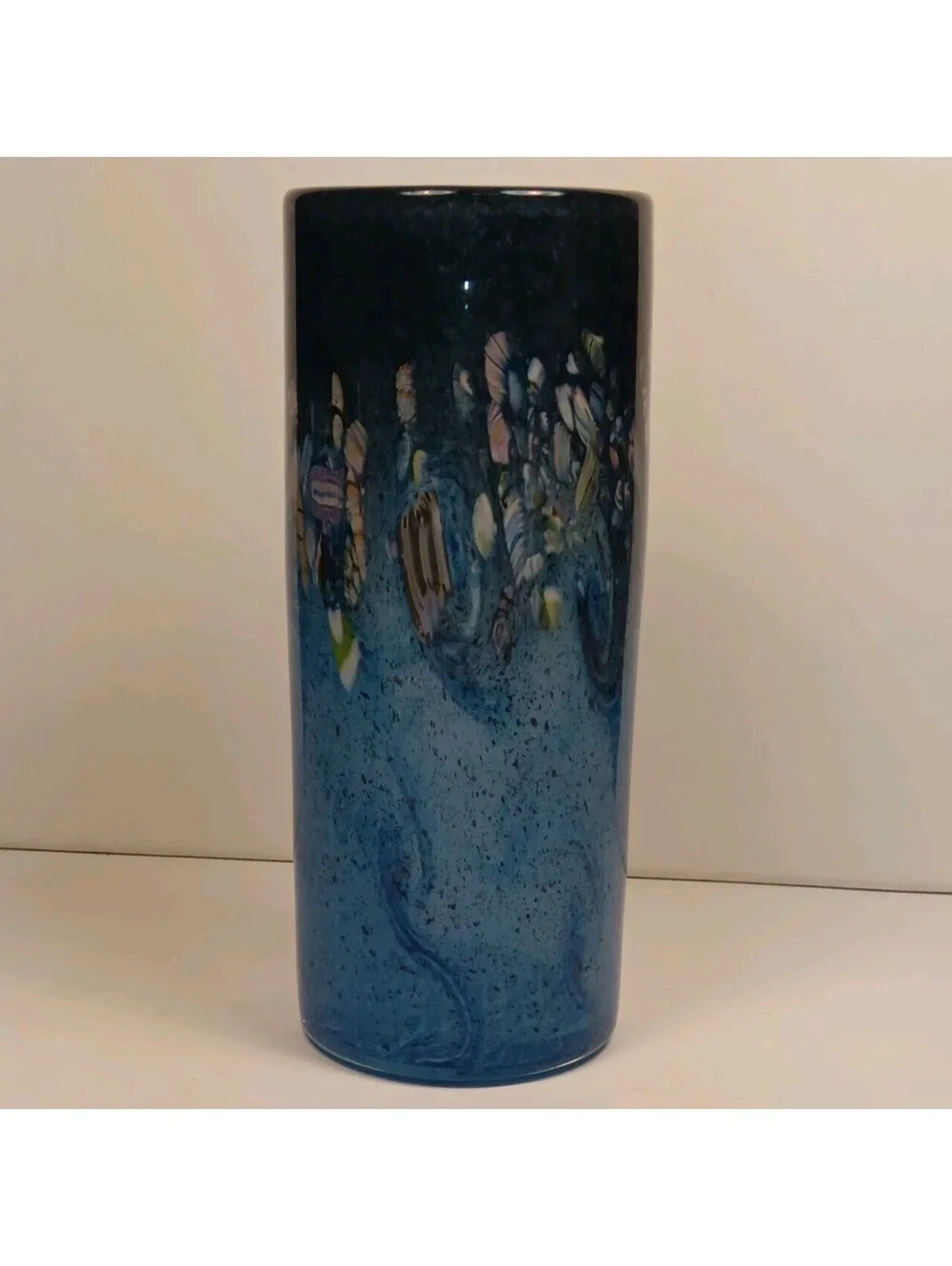Vintage Blue Millefiori Hand Blown Art Glass Cylinder Vase 8.25
